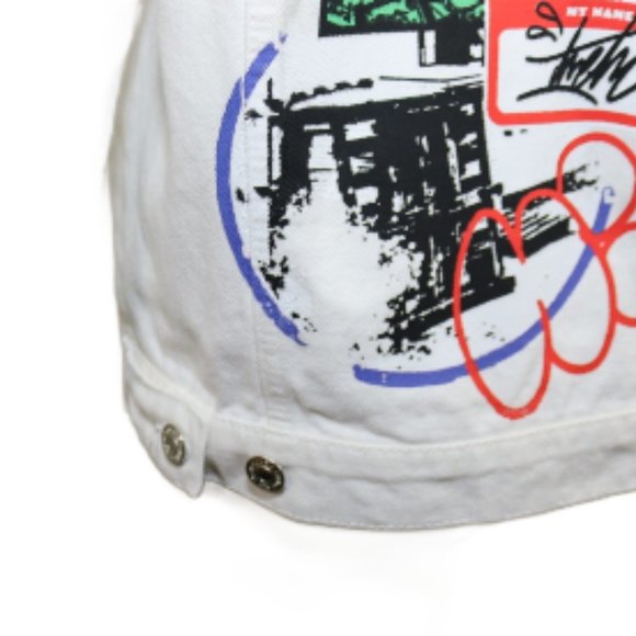 Zara Denim Jacket Unisex Size Small Distressed White/Cream Graffiti Printed - Picture 6 of 8